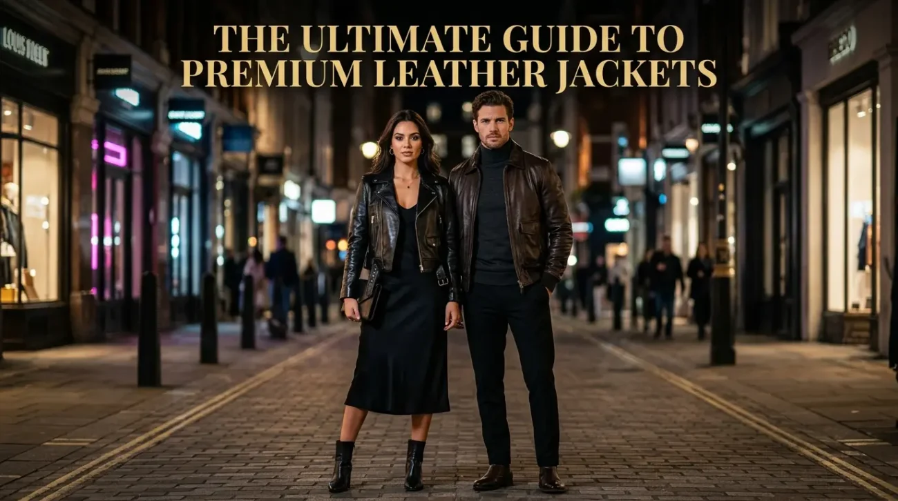 Premium leather jackets guide featuring men and women stylish high-quality leather outfits