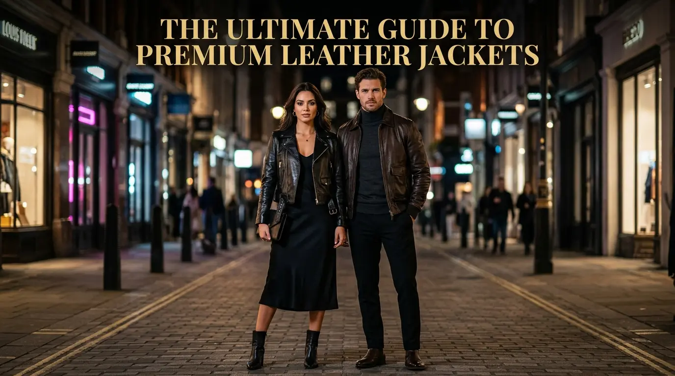 Premium leather jackets guide featuring men and women stylish high-quality leather outfits